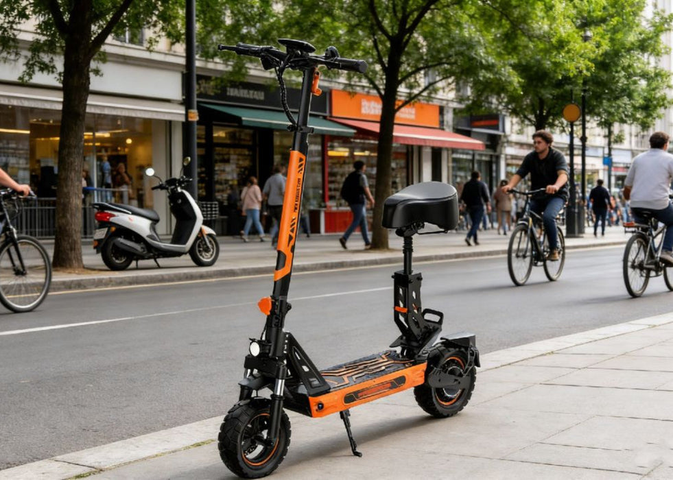 Orange electric scooter on a city street with people cycling and walking.