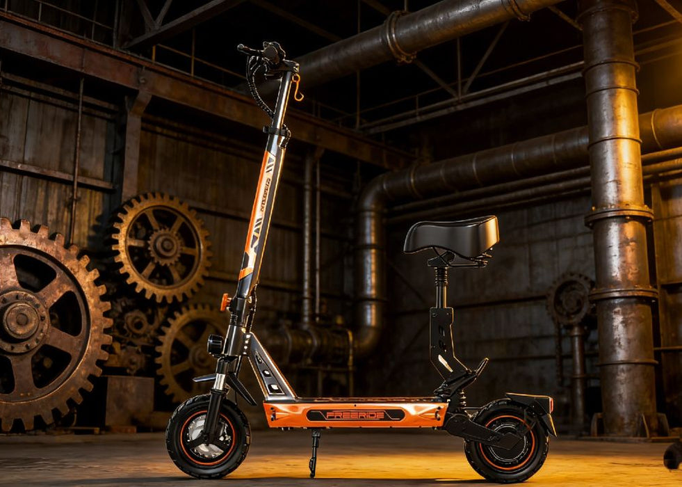 Two electric scooters in an industrial setting with large gears and pipes.