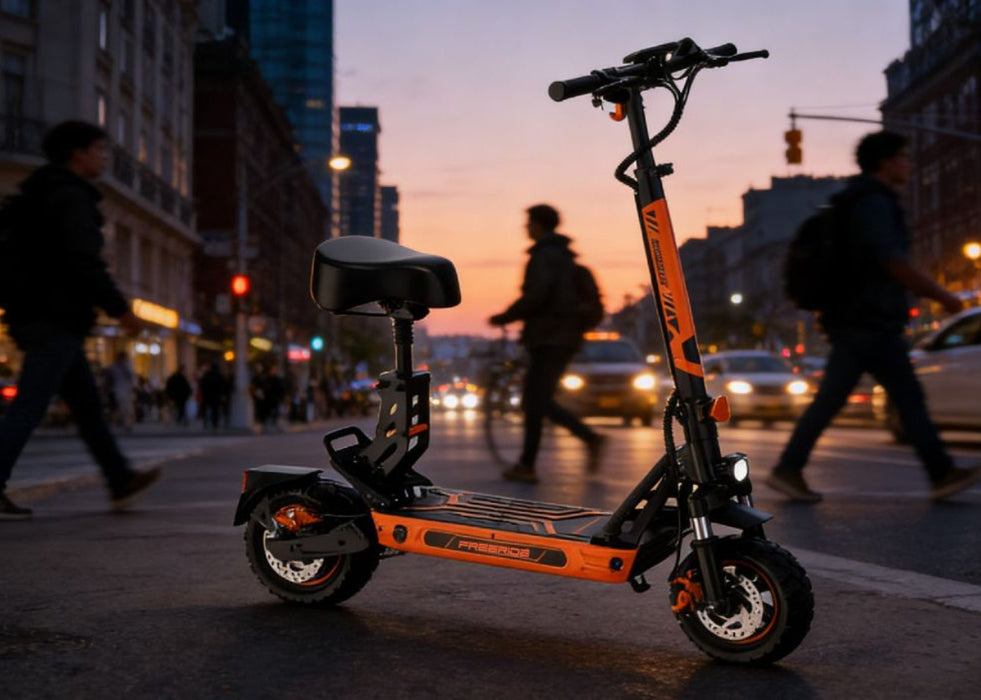 Orange electric scooter on a city street at dusk with pedestrians and vehicles.