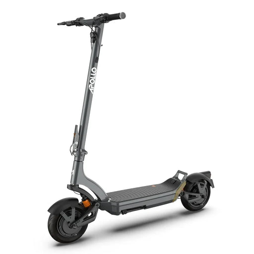 Gray electric scooter with Apollo branding on a white background