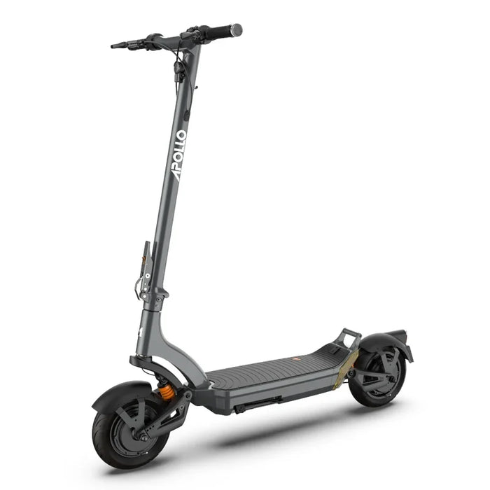 Gray electric scooter with Apollo branding on a white background