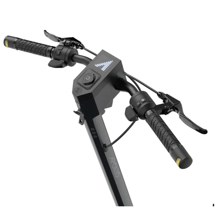 Black motorcycle handlebar with control panel on a white background