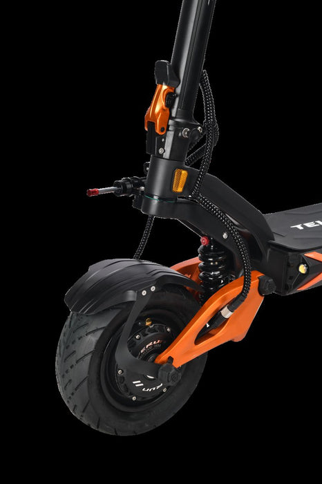 Close-up of an electric scooter with black and orange design on a transparent background