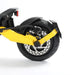 Close-up of a scooter wheel with yellow suspension fork on a white background