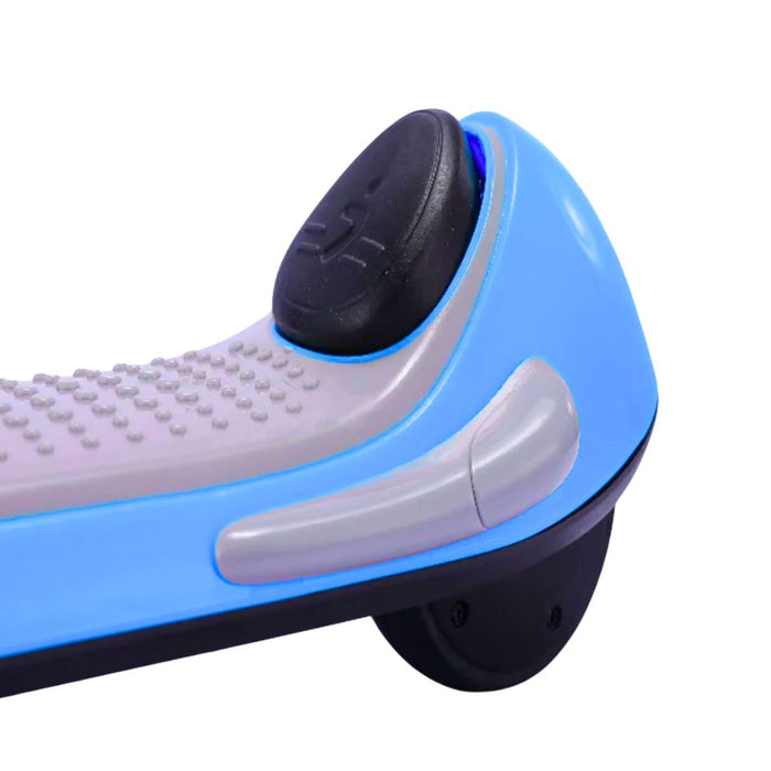 Close-up of a blue children's e-scooter with a black button on a white background
