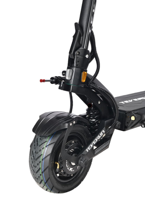 Teverun Fighter 11 Close-up of a black electric scooter with visible branding on a transparent background