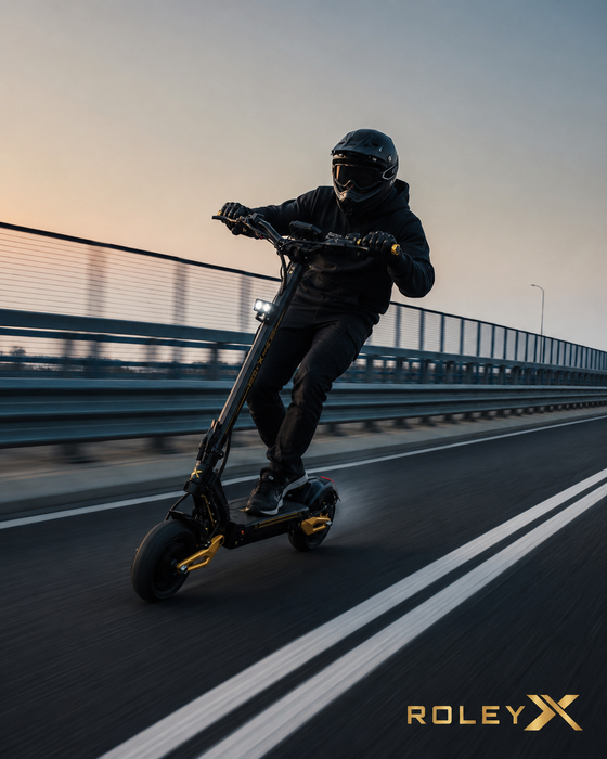 A person wearing a black helmet and black outfit rides a black electric scooter with gold accents on a road bridge during sunset. The brand name 'ROLEY X' is visible in the bottom right corner.