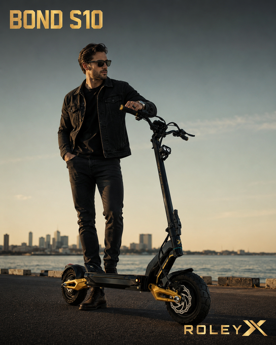A man wearing sunglasses and a black jacket stands beside a black and gold electric scooter on a waterfront path at sunset. The text 'BOND S10' appears in the top left, and 'ROLEY X' is shown in the bottom right.