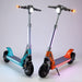 Two electric scooters, one blue and one orange, on a light gray background.