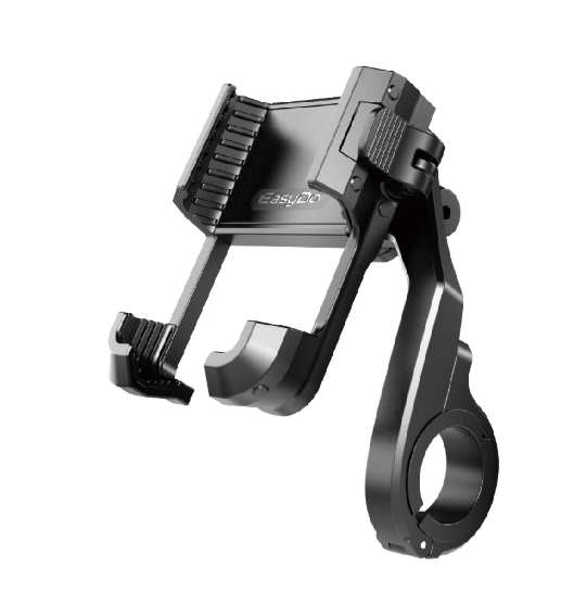 A black metal phone mount with a circular clamp base and adjustable cradle, shown on a plain white background. The brand name 'EASUO' is printed on the inner plate.