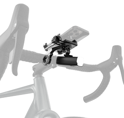 A black bicycle handlebar phone mount holding a smartphone, attached to a road bike handlebar. The bike and handlebars are shown in a faded light gray color against a solid white background.