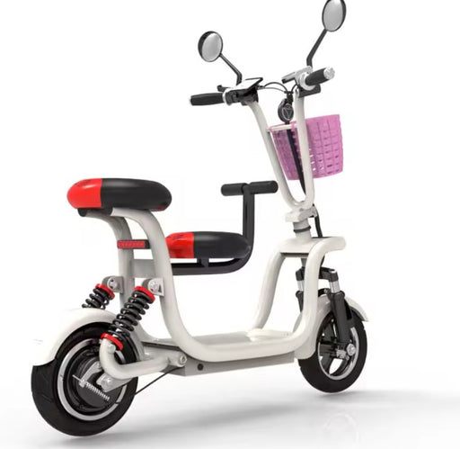White electric scooter with black seat and red accents on a white background