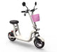 White electric scooter with a pink basket on a white background