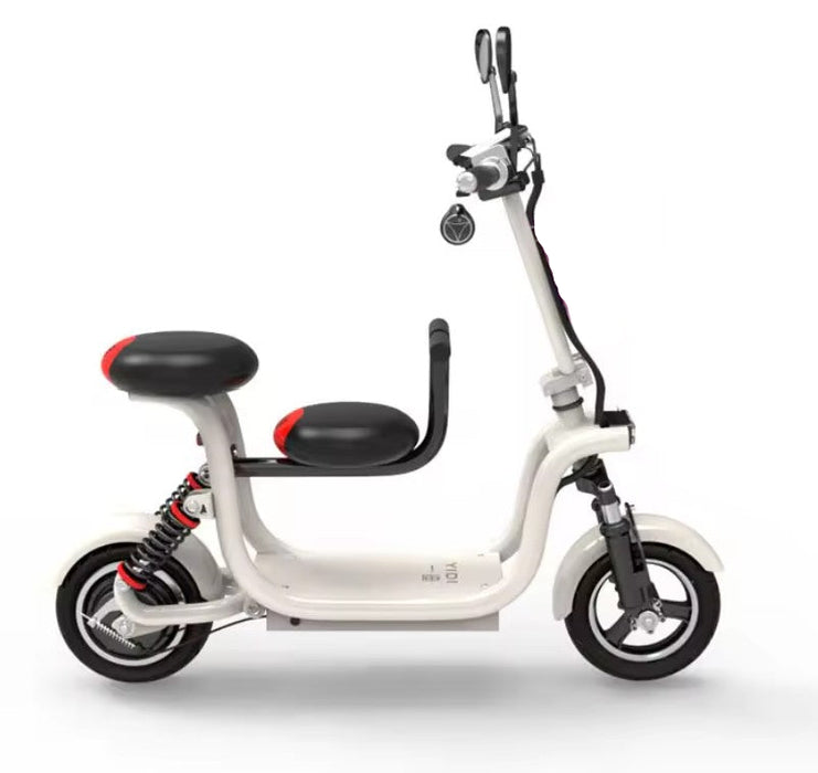 White electric tricycle with black seat and pink basket on a white background