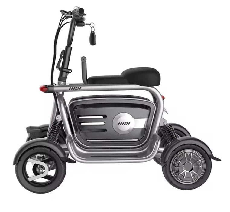 four-wheeled mobility scooter with a visible brand logo on a white background