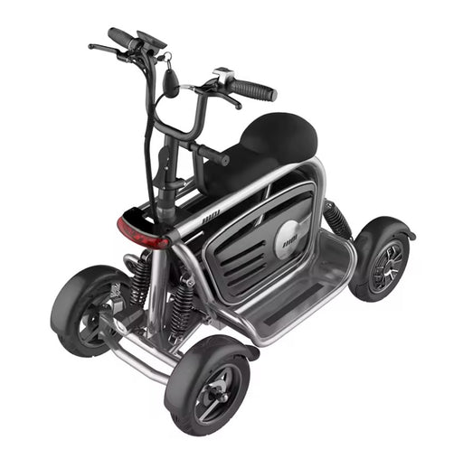 Black and silver mobility scooter on a white background