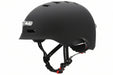 A black skate helmet with black adjustable chin straps and a small white logo on the side, shown against a plain white background.