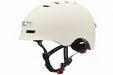 A white skate helmet with black adjustable chin straps and a small white logo on the side, shown against a plain white background.