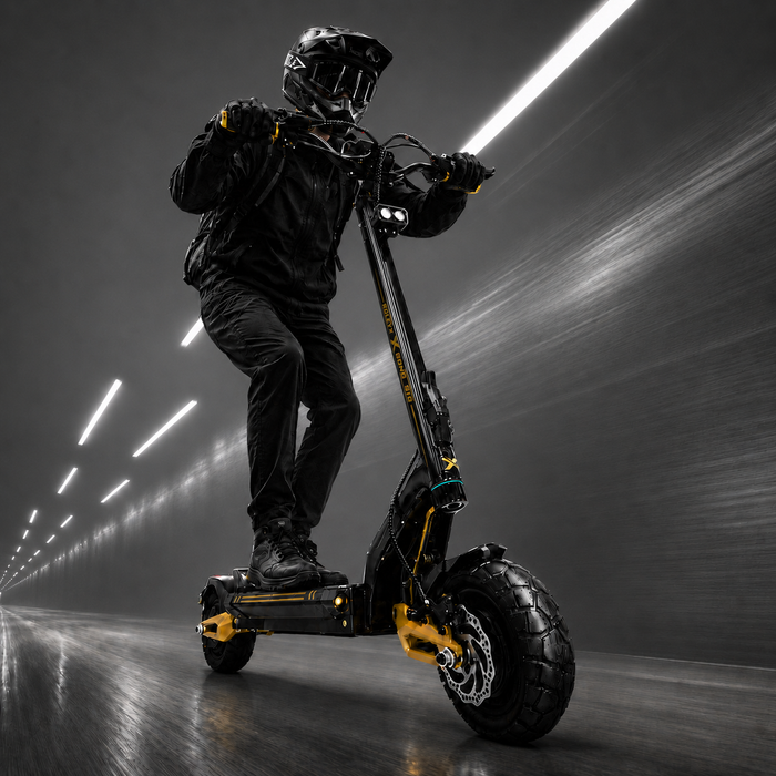 Person riding a black and yellow electric scooter in a tunnel with dynamic lighting effects.