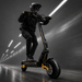 Person riding a black and yellow electric scooter in a tunnel with dynamic lighting effects.