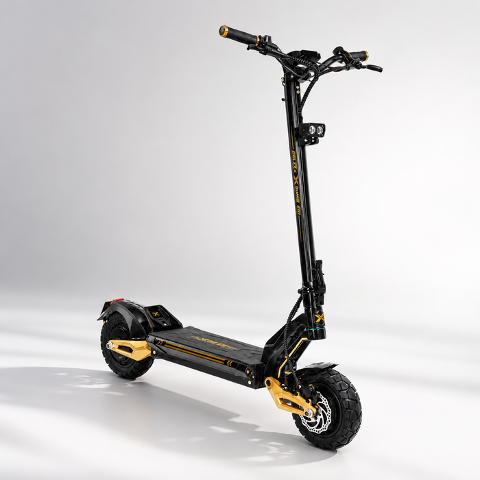Black and yellow electric scooter on a white background