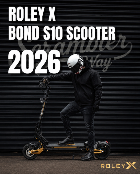 A person in a black outfit and white helmet rides a black and gold electric scooter in front of a dark roller shutter, with large text reading 'ROLEY X BOND S10 SCOOTER 2026' and a small ROLEY X logo at the bottom right.