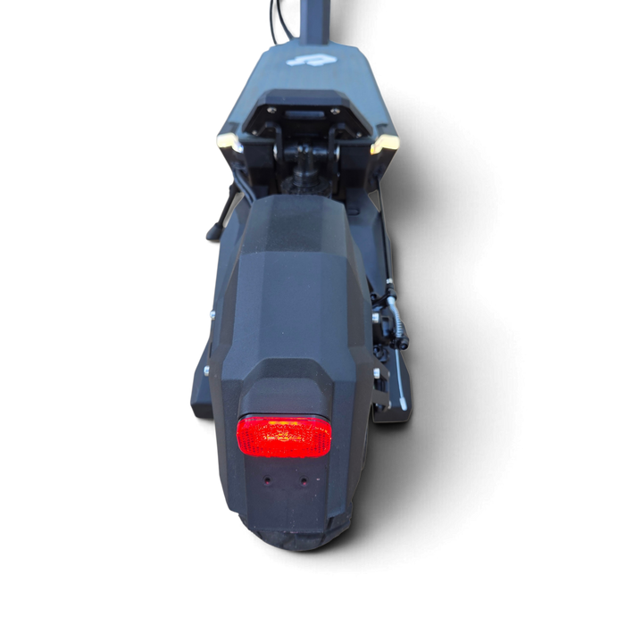 Rear view of Electric Scooter Shop Punk Roamer Pro electric scooter showing the red tail light and mudguard