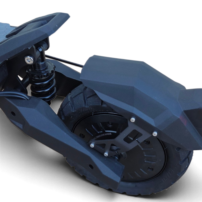 Rear wheel and coil suspension of the Electric Scooter Shop Punk Roamer electric scooter in matte black finish