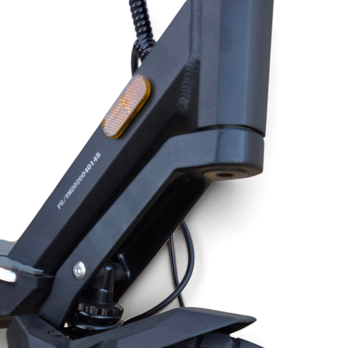 Close-up of the black frame and coil suspension on a Punk Roamer electric scooter from Electric Scooter Shop