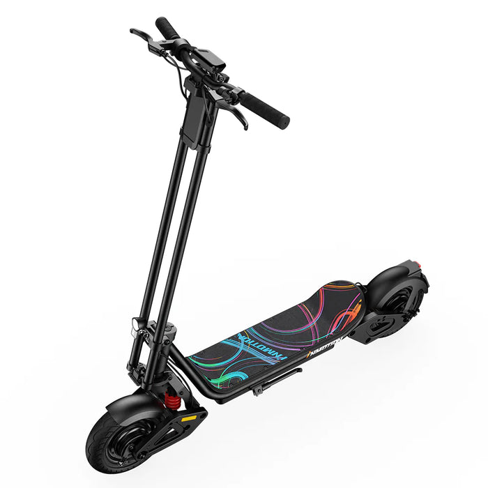 Black electric scooter with colorful design on a white background