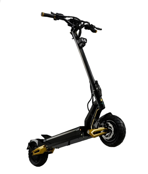 A black electric folding scooter with gold accents, shown on a white background 